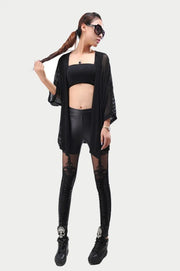 Black Punk Leggins Women Leggings Faux Leather Leginsi Lacina Calca Patterned Floral Bandage Lace Stitching Gothic Clothes PU