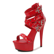 Women's High Heel Roman Sandals 15CM Summer Platform Sexy Peep Toe with Thin Rivet Breathable Patent Leather Autumn Essentials