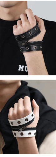 Black Gothic Big Wide Leather Bracelet with Zipper Rivet Wrap Bracelets for Men Women High Quality Button Adjustable Wristbands