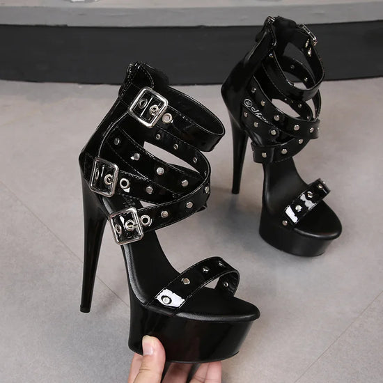 Women's High Heel Roman Sandals 15CM Summer Platform Sexy Peep Toe with Thin Rivet Breathable Patent Leather Autumn Essentials