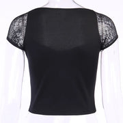 Vintage Tops Goth T-shirt Women Bodycon Bandage Lace Black T-shirts Gothic Streetwear Sexy Female Top Casual Mesh Tee