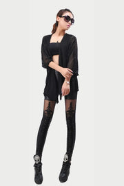 Black Punk Leggins Women Leggings Faux Leather Leginsi Lacina Calca Patterned Floral Bandage Lace Stitching Gothic Clothes PU