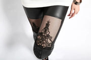 Black Punk Leggins Women Leggings Faux Leather Leginsi Lacina Calca Patterned Floral Bandage Lace Stitching Gothic Clothes PU