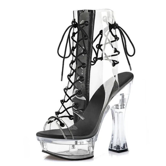 Transparent crystal platform thick heel 14cm lace up pole dance high-heeled fish mouth sandals 5.5 inch high heels