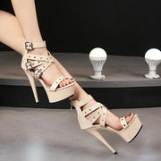 Women's High Heel Roman Sandals 15CM Summer Platform Sexy Peep Toe with Thin Rivet Breathable Patent Leather Autumn Essentials