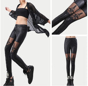 Black Punk Leggins Women Leggings Faux Leather Leginsi Lacina Calca Patterned Floral Bandage Lace Stitching Gothic Clothes PU