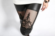 Black Punk Leggins Women Leggings Faux Leather Leginsi Lacina Calca Patterned Floral Bandage Lace Stitching Gothic Clothes PU