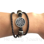 Satanic Baphomet Pentagram Bracelet Gothic Black/Brown Leather Bangle Satanism Evil Occult Pentacle Jewelry Pagan Charm Gift