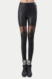 Black Punk Leggins Women Leggings Faux Leather Leginsi Lacina Calca Patterned Floral Bandage Lace Stitching Gothic Clothes PU