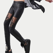 Black Punk Leggins Women Leggings Faux Leather Leginsi Lacina Calca Patterned Floral Bandage Lace Stitching Gothic Clothes PU