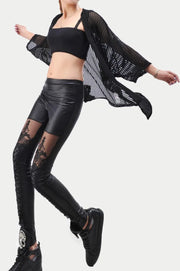 Black Punk Leggins Women Leggings Faux Leather Leginsi Lacina Calca Patterned Floral Bandage Lace Stitching Gothic Clothes PU