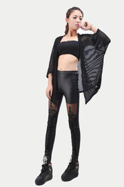 Black Punk Leggins Women Leggings Faux Leather Leginsi Lacina Calca Patterned Floral Bandage Lace Stitching Gothic Clothes PU