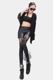 Black Punk Leggins Women Leggings Faux Leather Leginsi Lacina Calca Patterned Floral Bandage Lace Stitching Gothic Clothes PU