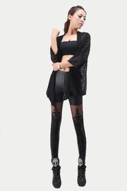Black Punk Leggins Women Leggings Faux Leather Leginsi Lacina Calca Patterned Floral Bandage Lace Stitching Gothic Clothes PU