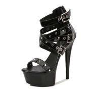 Women's High Heel Roman Sandals 15CM Summer Platform Sexy Peep Toe with Thin Rivet Breathable Patent Leather Autumn Essentials