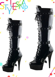 6Inch Autumn Winter Thigh-High Boots Zipper Openings Thin Heel High Heels Buckles Solid Pattern Lace-Up Closure Knee-High Boot