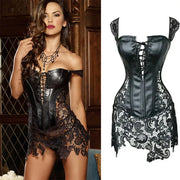 Sexy Burlesque Lingerie Gothic Faux Leather Steampunk Corset Plus Size Black Lace Bustier Overbust Corsage Korsett Corsets Top