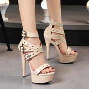 Women's High Heel Roman Sandals 15CM Summer Platform Sexy Peep Toe with Thin Rivet Breathable Patent Leather Autumn Essentials