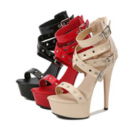 Women's High Heel Roman Sandals 15CM Summer Platform Sexy Peep Toe with Thin Rivet Breathable Patent Leather Autumn Essentials