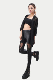 Black Punk Leggins Women Leggings Faux Leather Leginsi Lacina Calca Patterned Floral Bandage Lace Stitching Gothic Clothes PU