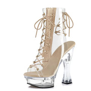 Transparent crystal platform thick heel 14cm lace up pole dance high-heeled fish mouth sandals 5.5 inch high heels