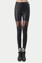 Black Punk Leggins Women Leggings Faux Leather Leginsi Lacina Calca Patterned Floral Bandage Lace Stitching Gothic Clothes PU