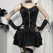 Black Women Punk High Waisted Goth Skirt Sexy Pleated Mini Skirt with Chain E Girl Lace-Up Tie PU Leather Corset Y2K Crop Tops
