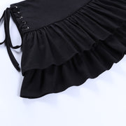 Black Women Punk High Waisted Goth Skirt Sexy Pleated Mini Skirt with Chain E Girl Lace-Up Tie PU Leather Corset Y2K Crop Tops