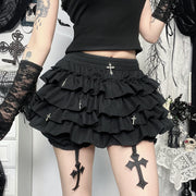 Black Women Punk High Waisted Goth Skirt Sexy Pleated Mini Skirt with Chain E Girl Lace-Up Tie PU Leather Corset Y2K Crop Tops