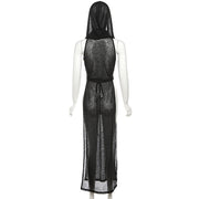 AltGoth Coquette Dark Gothic Sexy Dress Women Vintage Y2k Cyberpunk See Through Cut Out Split High Waist Knitted Hooded Dress