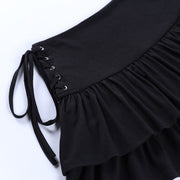 Black Women Punk High Waisted Goth Skirt Sexy Pleated Mini Skirt with Chain E Girl Lace-Up Tie PU Leather Corset Y2K Crop Tops