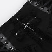 Black Women Punk High Waisted Goth Skirt Sexy Pleated Mini Skirt with Chain E Girl Lace-Up Tie PU Leather Corset Y2K Crop Tops
