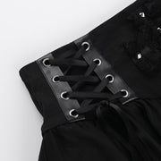 Black Women Punk High Waisted Goth Skirt Sexy Pleated Mini Skirt with Chain E Girl Lace-Up Tie PU Leather Corset Y2K Crop Tops
