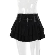 Black Women Punk High Waisted Goth Skirt Sexy Pleated Mini Skirt with Chain E Girl Lace-Up Tie PU Leather Corset Y2K Crop Tops