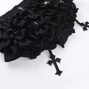 Black Women Punk High Waisted Goth Skirt Sexy Pleated Mini Skirt with Chain E Girl Lace-Up Tie PU Leather Corset Y2K Crop Tops