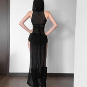 AltGoth Coquette Dark Gothic Sexy Dress Women Vintage Y2k Cyberpunk See Through Cut Out Split High Waist Knitted Hooded Dress