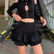 Black Women Punk High Waisted Goth Skirt Sexy Pleated Mini Skirt with Chain E Girl Lace-Up Tie PU Leather Corset Y2K Crop Tops