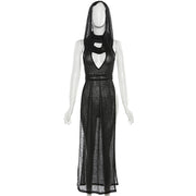 AltGoth Coquette Dark Gothic Sexy Dress Women Vintage Y2k Cyberpunk See Through Cut Out Split High Waist Knitted Hooded Dress