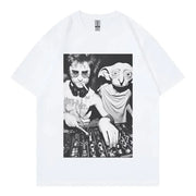 A gothic T-shirt for women featuring Dobby the House Elf DJ with funny expressions designed to be fashionable and loose-fitting