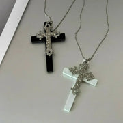 Gothic Punk Large Wood Cross Pendant Necklace Y2k 3D Relief Flower Metal Cross Double Pendant Necklace Jewelry Gifts Accessories