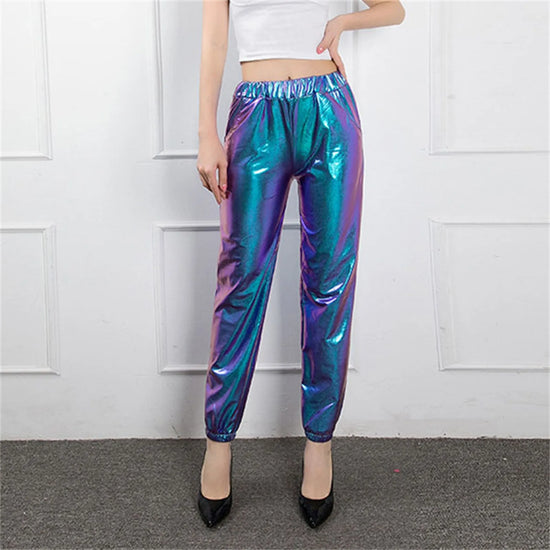 Women's Mid Waist Solid Colour Shiny Glossy Sweatpants Nine Minute Pants Fashion hip-hop trousers Disco Bottoms