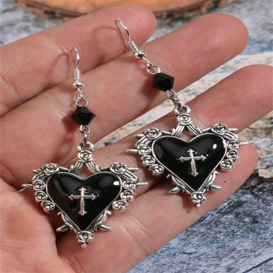 Gothic Style Cross, Heart, Rose Flower, Bow Knot, Thorn Pendant Black Beaded Y2K Hoop Earrings For Women