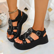Punk Metal Decoration Black Pu Sandals Women 2025 Summer Metal Chain Thick Bottom Ankle Strap Sandals Gothic Metal Chain Shoes