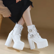 14CM Women Chunky Ankle Boots Leather cosplay Round Toe Platform Knight Boots Shoes High Heels Black White Thick Heel Lace Up