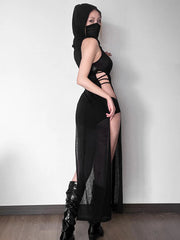AltGoth Coquette Dark Gothic Sexy Dress Women Vintage Y2k Cyberpunk See Through Cut Out Split High Waist Knitted Hooded Dress