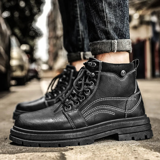 Men's High-top Boots in Solid Color Simple for All Seasons Lace-up Flat Heels Durable Original Brand Versatile Fashion Boots