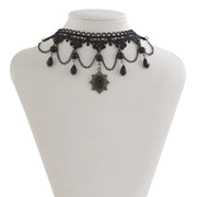 Gothic Punk Sexy Lace Black Crystal Pendent Necklace for Women Teens Girls Beads Flower Collar Necklace Rock Jewelry Gifts Party