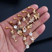 Elegant Dangled Belly Piercing Jewelry Fashion Dragonfly Owl Butterfly Shaped Curved Navel Rings Stainless Keys CZs Belly Ring