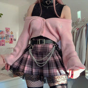 Goth Skirts Summer Y2K Woman Skirts Pink Stripe Plaid Lace Trim Pleated School Plaid Skirt Ladies Aesthetic Tie Up Jupe Femme