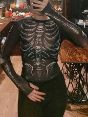 Gothic Punk Shirt 2000s Women Skeleton Pattern Round Neck Long Sleeve Crop Top Black Dark Academia Clothes y2k Tees Streetwear